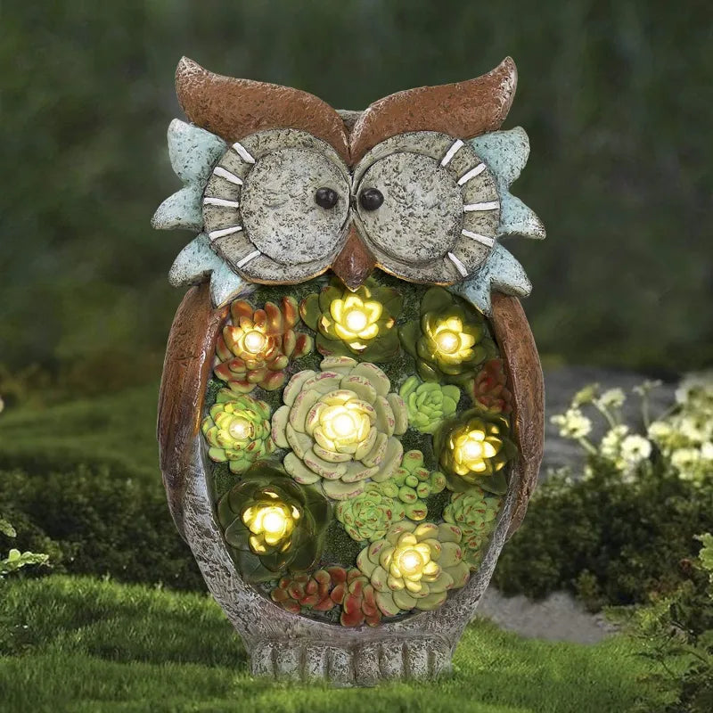 LED Solar Owl Lantern - Decorative Garden Light with Succulent Accent for Patio and Outdoors