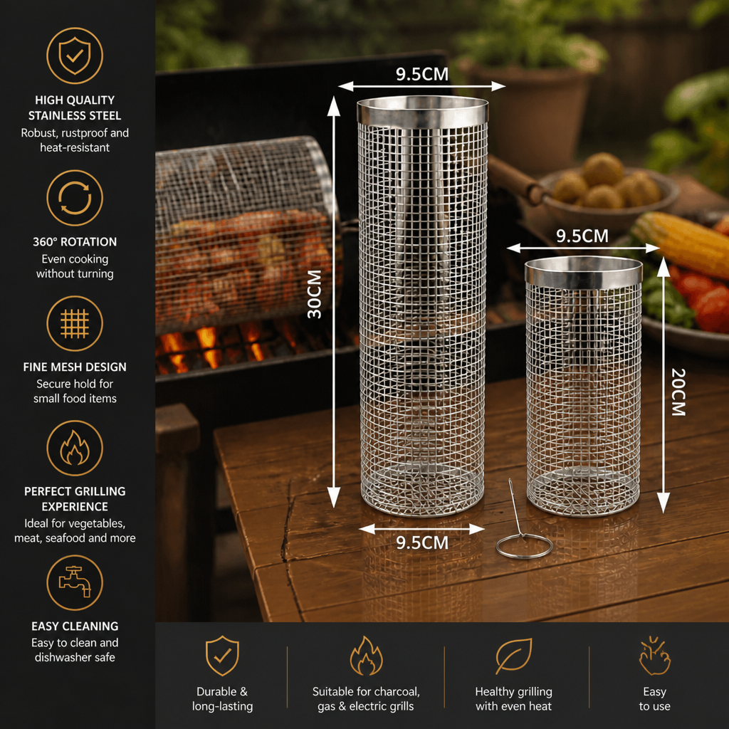 Practical Stainless Steel Grill Basket – Rotating BBQ Grill Basket for Outdoor Grilling