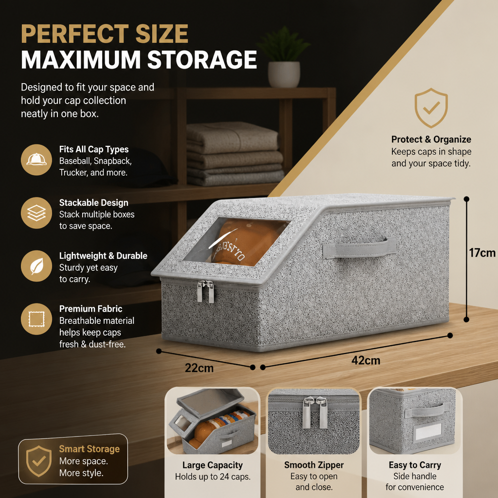 Stackable Baseball Cap Storage Box – Holds Up to 24 Hats
