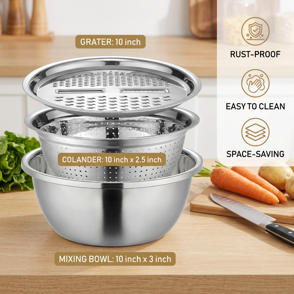 Vegetable Cutter with Grater – Multifunctional Colander and Mixing Bowl Set