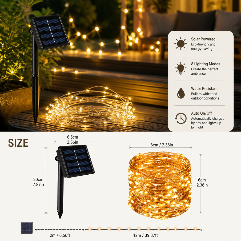 Solar Outdoor String Lights with LEDs & 8 Lighting Modes