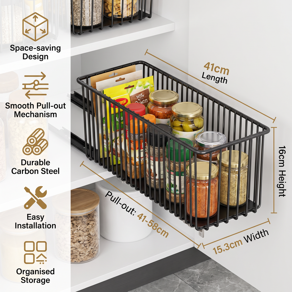 Space-Saving Pull-Out Carbon Steel Storage Basket & Cabinet Organizer