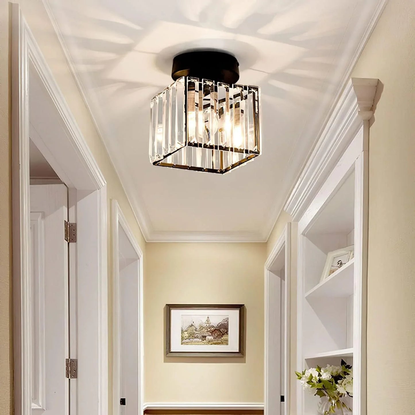 Crystal Ceiling Light with Gold and Black Accents – Contemporary Home Lighting Fixture