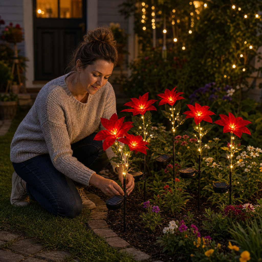 Solar Poinsettia Garden Lights with Red Flower Heads