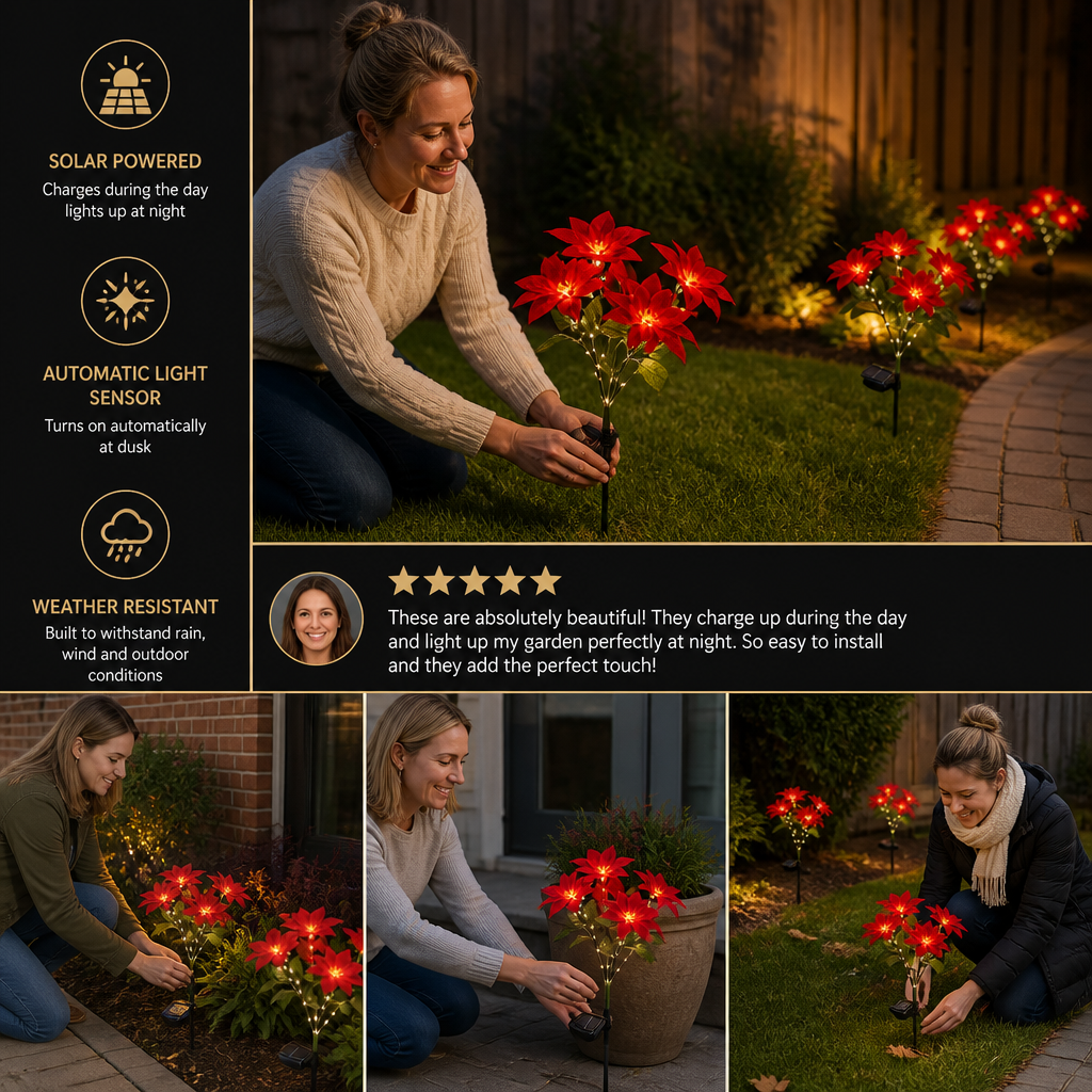 Solar Poinsettia Garden Lights with Red Flower Heads