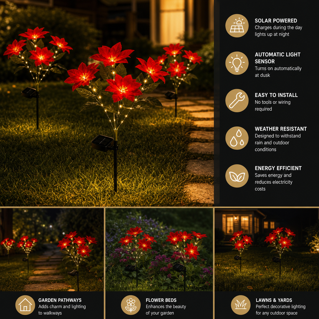Solar Poinsettia Garden Lights with Red Flower Heads