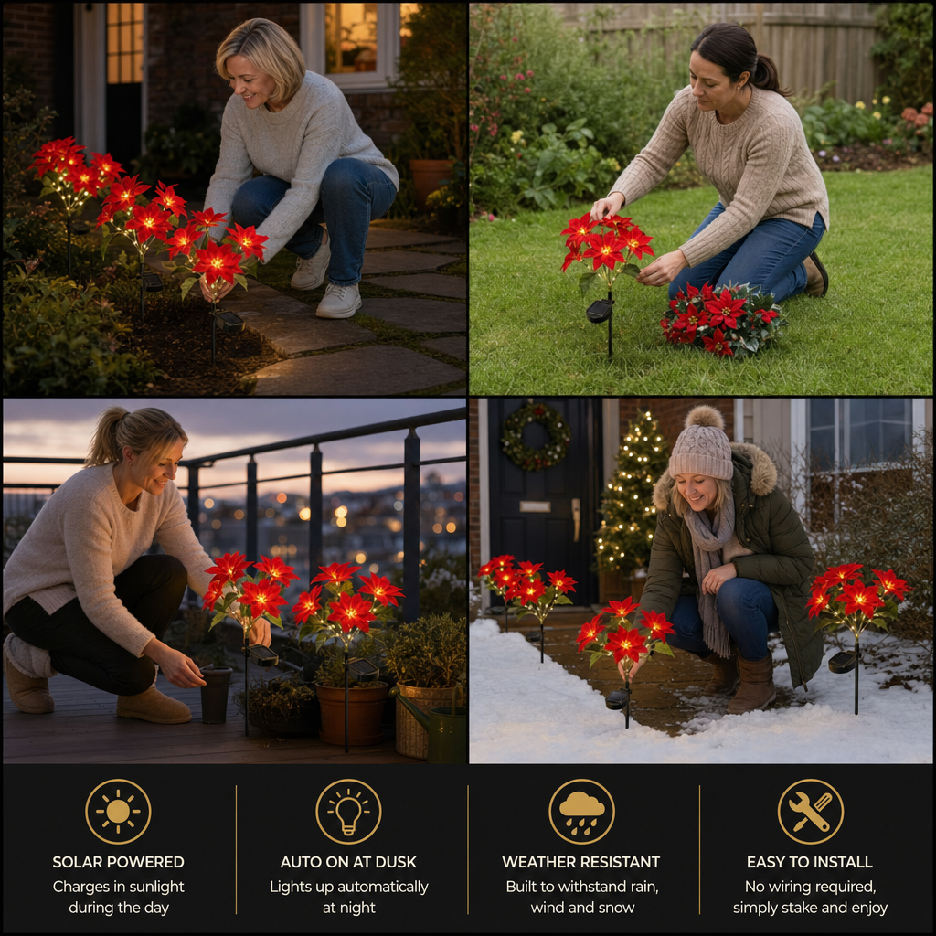 Solar Poinsettia Garden Lights with Red Flower Heads