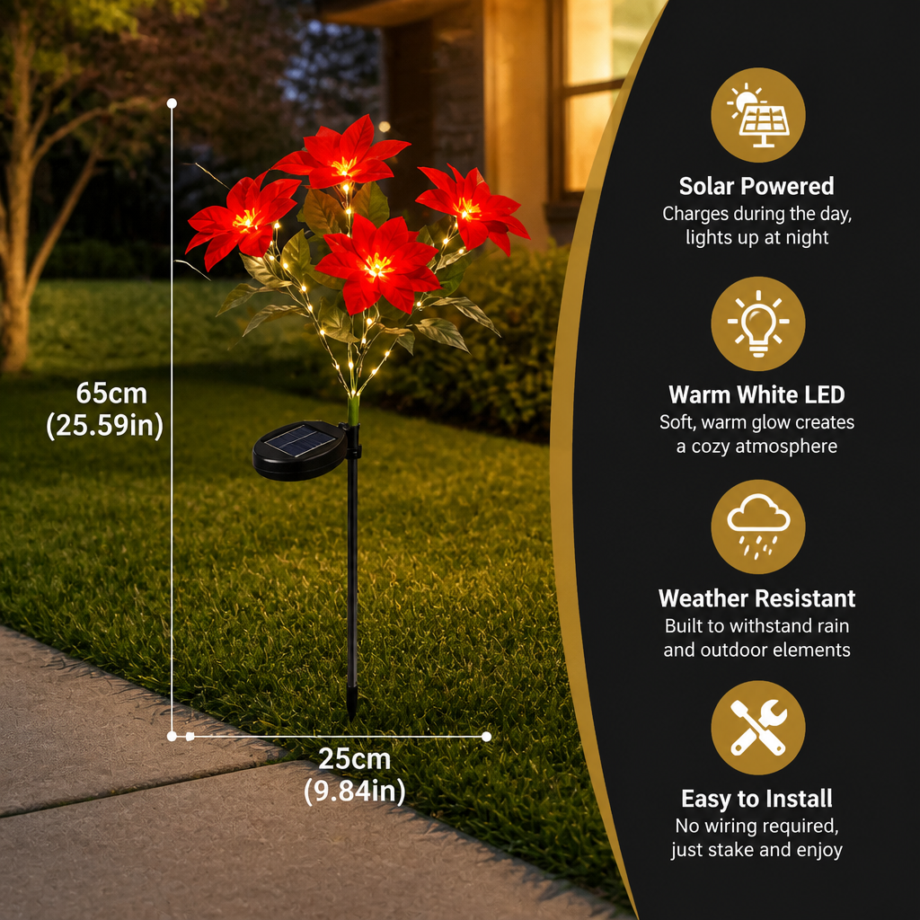 Solar Poinsettia Garden Lights with Red Flower Heads
