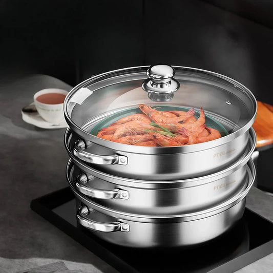 Premium 3-Tier Stainless Steel Steamer with Glass Lid and Durable Handles – Ideal for Steaming and Cooking