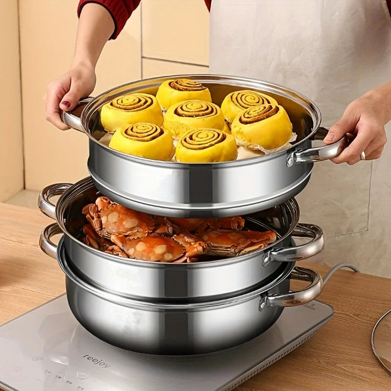 Premium 3-Tier Stainless Steel Steamer with Glass Lid and Durable Handles – Ideal for Steaming and Cooking