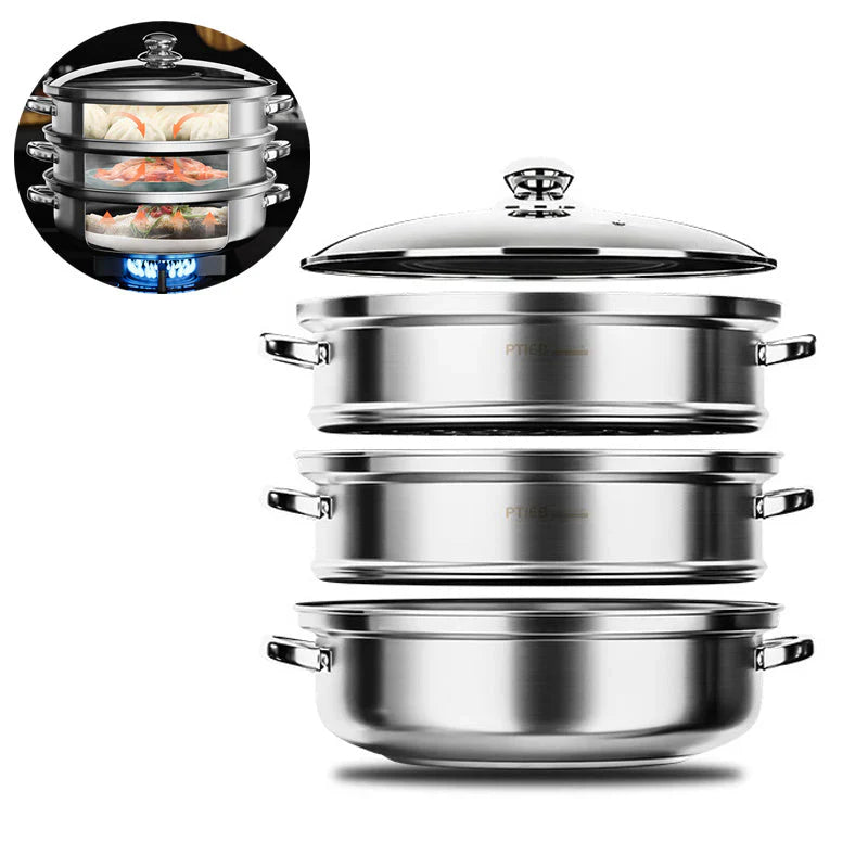 Premium 3-Tier Stainless Steel Steamer with Glass Lid and Durable Handles – Ideal for Steaming and Cooking