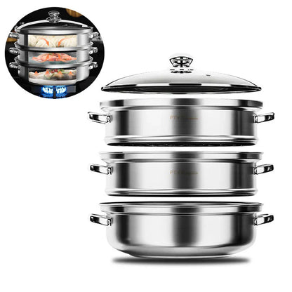 Premium 3-Tier Stainless Steel Steamer with Glass Lid and Durable Handles – Ideal for Steaming and Cooking