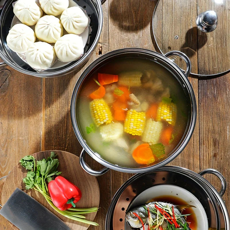 Premium 3-Tier Stainless Steel Steamer with Glass Lid and Durable Handles – Ideal for Steaming and Cooking