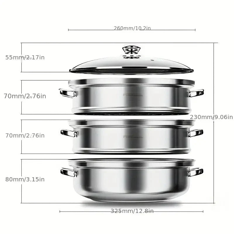 Premium 3-Tier Stainless Steel Steamer with Glass Lid and Durable Handles – Ideal for Steaming and Cooking