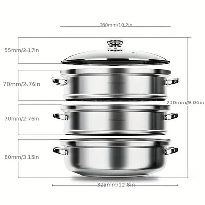 Premium 3-Tier Stainless Steel Steamer with Glass Lid and Durable Handles – Ideal for Steaming and Cooking