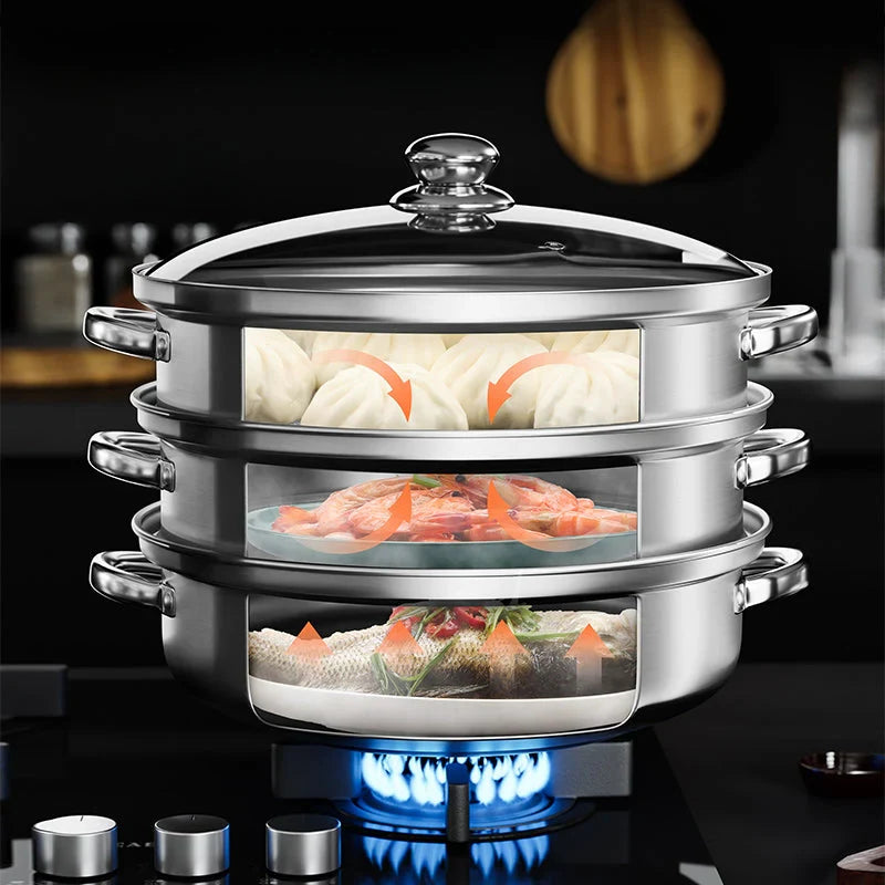 Premium 3-Tier Stainless Steel Steamer with Glass Lid and Durable Handles – Ideal for Steaming and Cooking