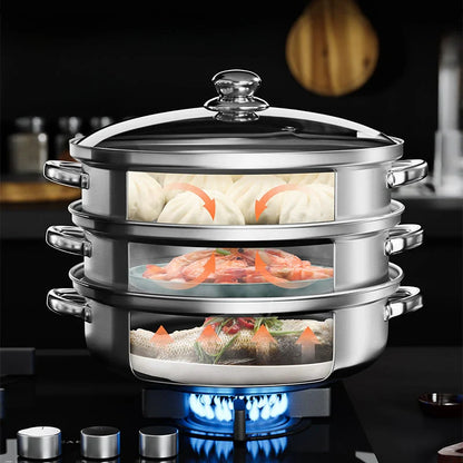 Premium 3-Tier Stainless Steel Steamer with Glass Lid and Durable Handles – Ideal for Steaming and Cooking