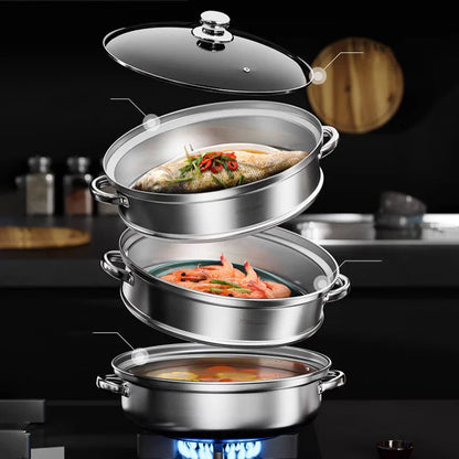 Premium 3-Tier Stainless Steel Steamer with Glass Lid and Durable Handles – Ideal for Steaming and Cooking