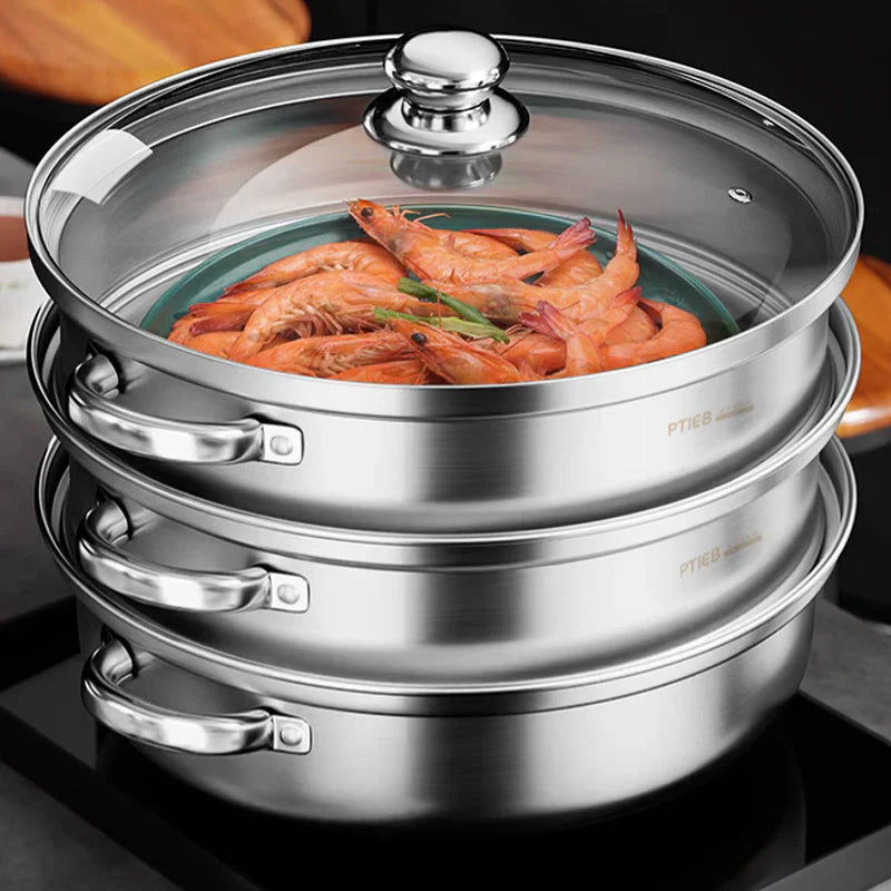 Premium 3-Tier Stainless Steel Steamer with Glass Lid and Durable Handles – Ideal for Steaming and Cooking