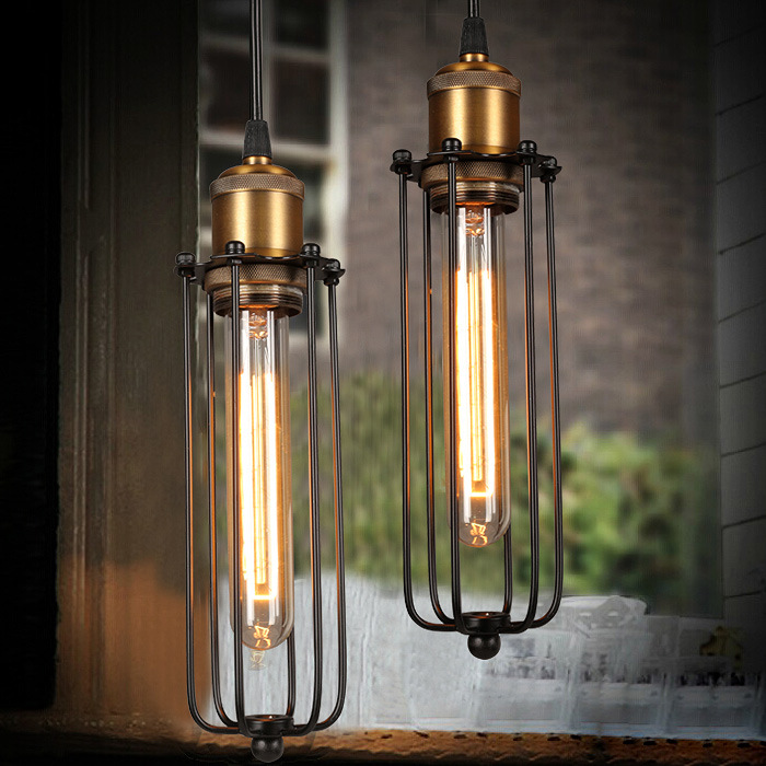 Vintage Industrial Pendant Light – Retro Hanging Lamp with Metal Cage Design
