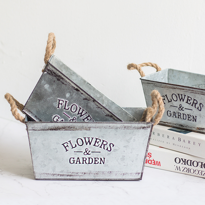 Metal Garden Planter with Hemp Rope Handles – Decorative Flower Pot for Outdoor Use