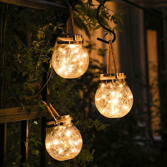 Solar LED Glass Lantern – Decorative Outdoor Light with Wire Lights and Carry Handle