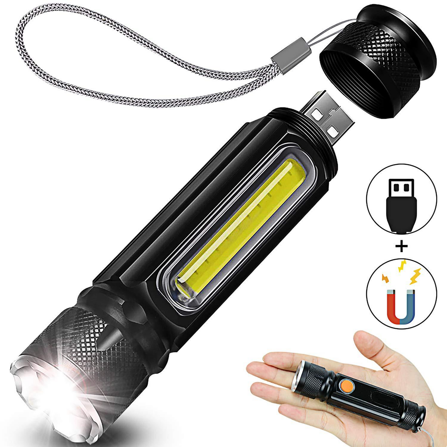 USB Rechargeable LED Flashlight – Magnetic Emergency Light with Strap for Easy Carrying