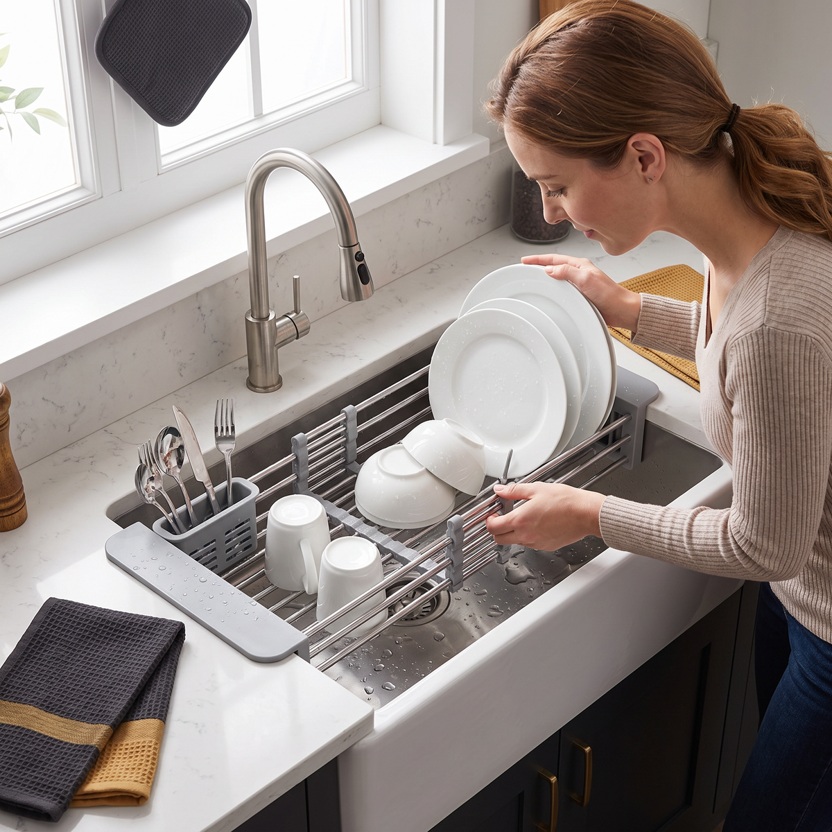 Adjustable Over-the-Sink Dish Drying Rack & Produce Drainer
