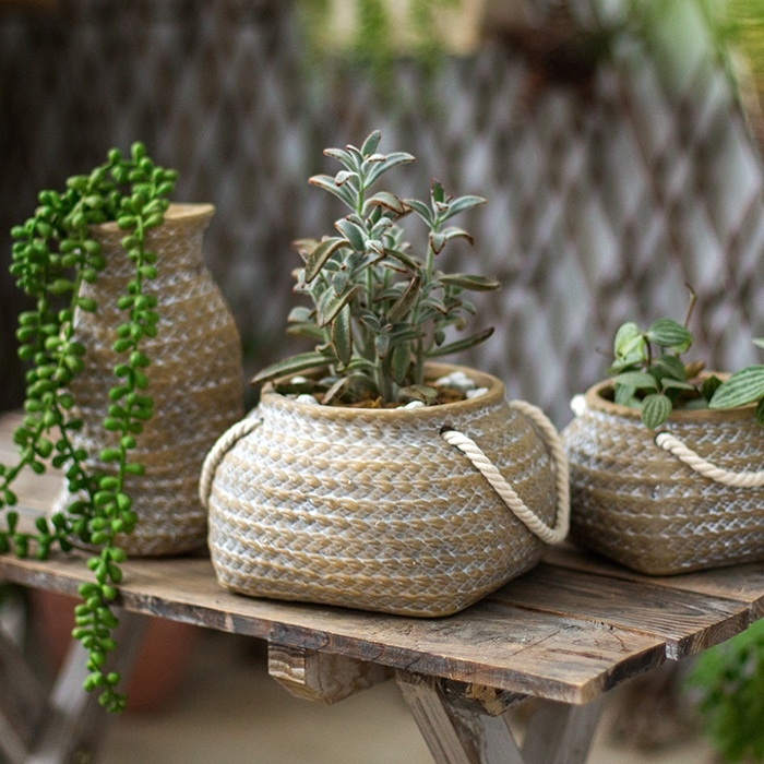 Ceramic Flower Pot with Woven Bag Look and Rope Handles – Decorative P ...