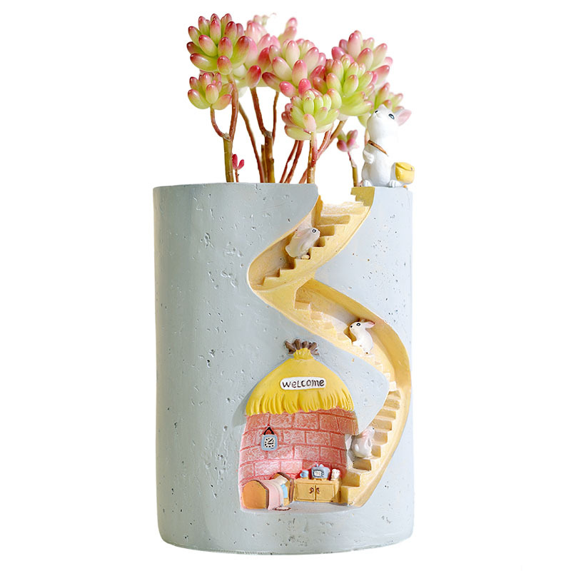 Whimsical Plant Pot with Hedgehog and Rabbit Figurines - Unique Staircase Design for Indoor Plants