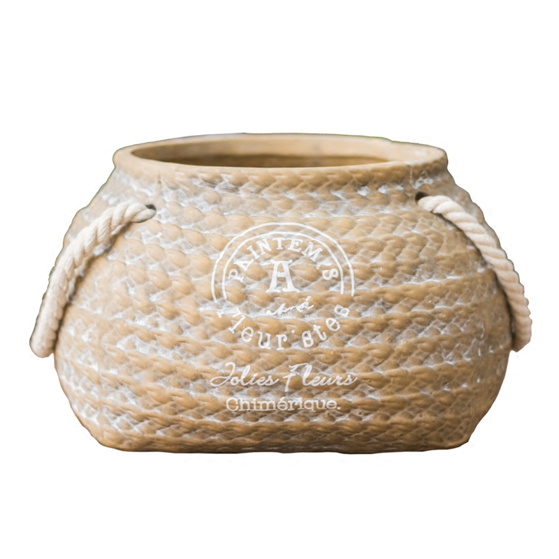 Ceramic Flower Pot with Woven Bag Look and Rope Handles – Decorative Planter for Home and Garden