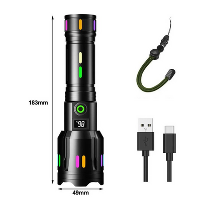 High-Performance LED Flashlight with Power Display – Rechargeable Torch with Glass Breaker & USB-C Charging