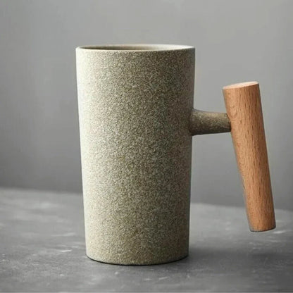 Nordic Ceramic Mug – Minimalist Coffee Cup with Wooden Handle