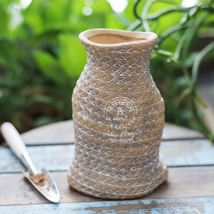 Ceramic Flower Pot with Woven Bag Look and Rope Handles – Decorative Planter for Home and Garden