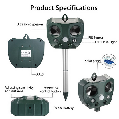 Solar-Powered Ultrasonic Pest Repeller - Effective Animal Control for Garden Protection