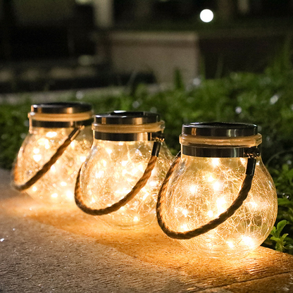 Solar LED Glass Lantern – Decorative Outdoor Light with Wire Lights and Carry Handle