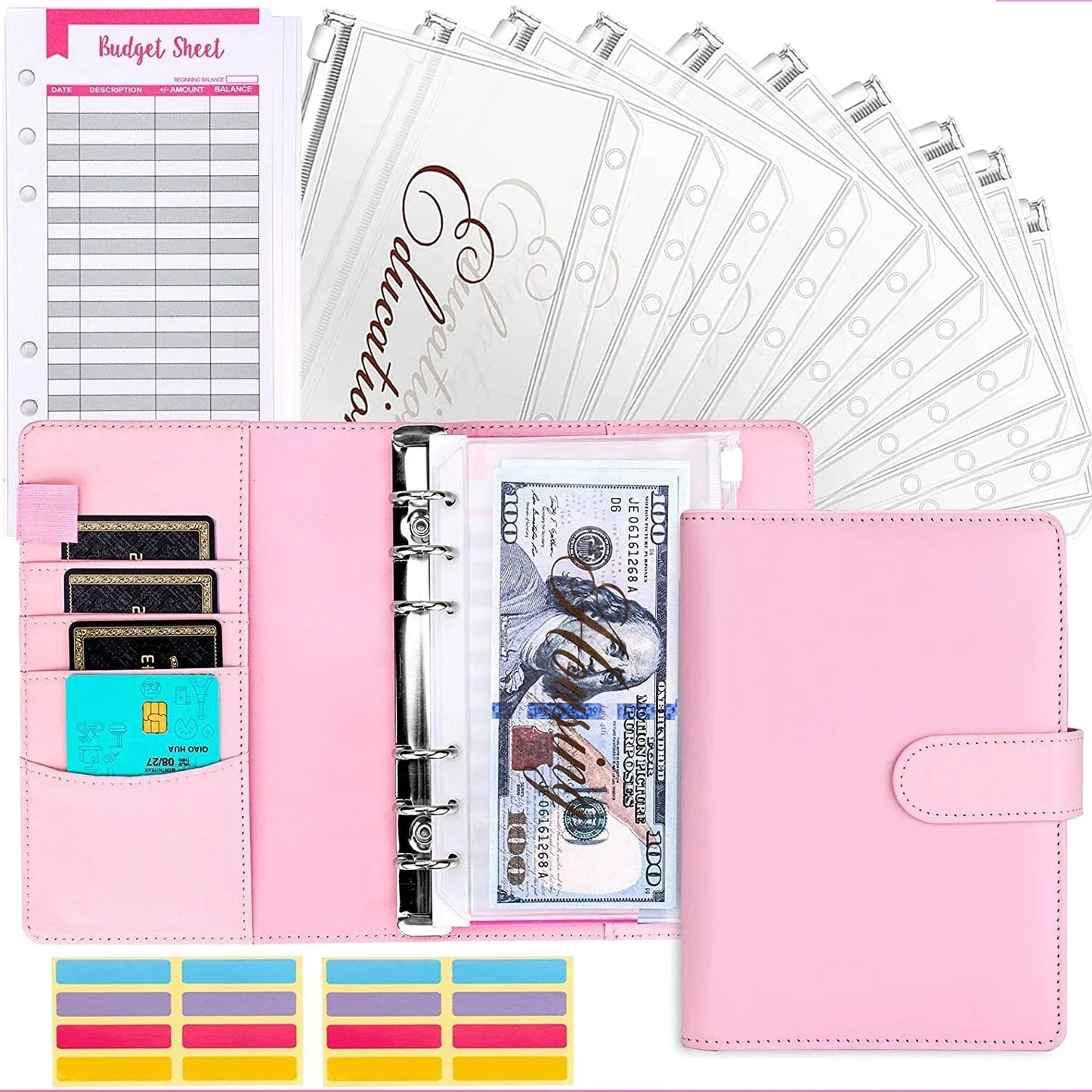 Budget Organizer Folder with Cash Envelope System and Credit Card Slots