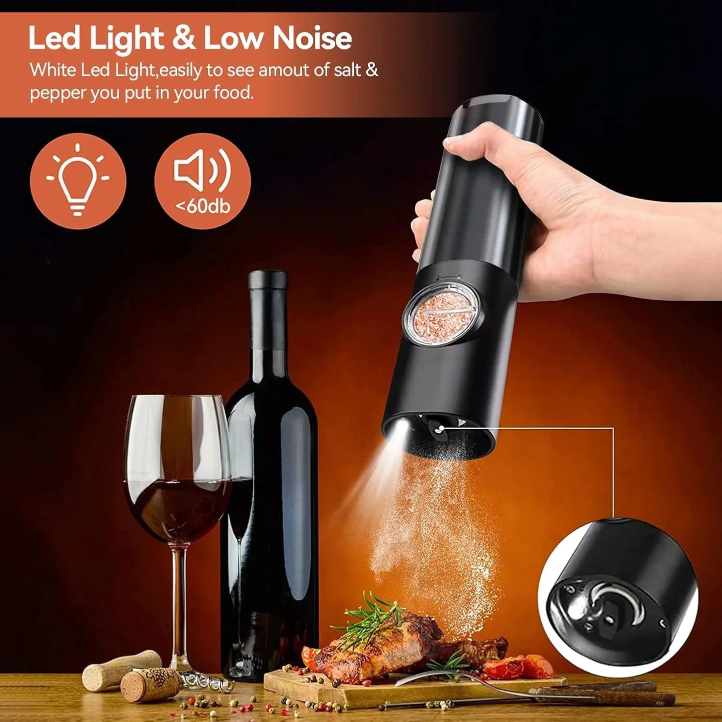 Sleek Electric Salt & Pepper Grinder Set – USB Rechargeable & Adjustable Coarseness