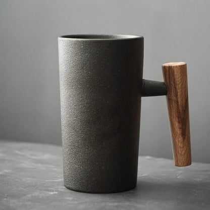 Nordic Ceramic Mug – Minimalist Coffee Cup with Wooden Handle