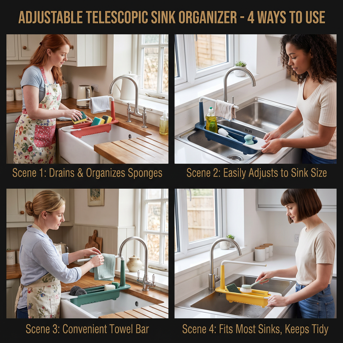 Adjustable Telescopic Sink Organizer with Drainage Basket & Towel Bar