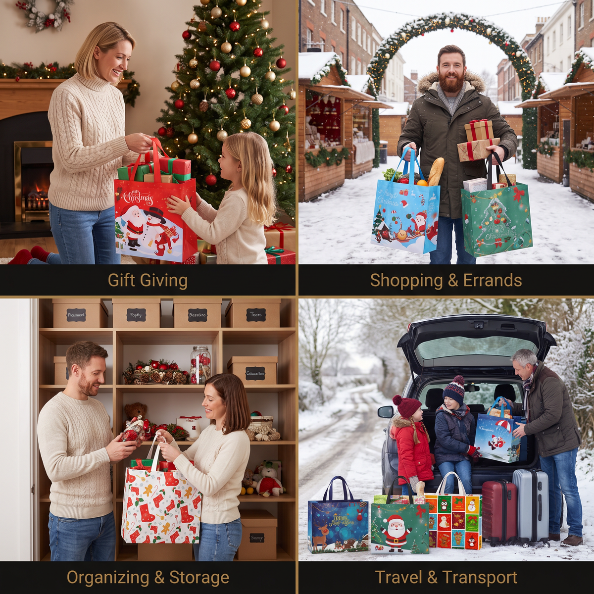 Reusable Christmas Gift Bags with Handles – Assorted Holiday Designs