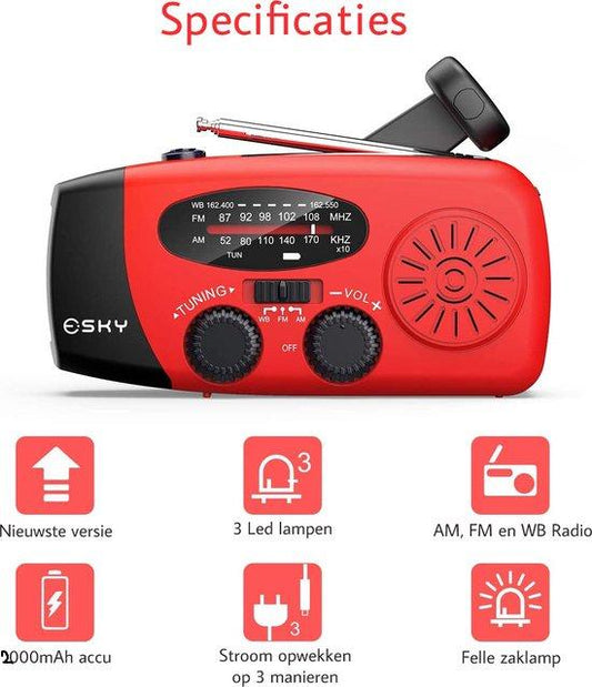 Solar-Powered Emergency Radio with Hand Crank - Portable Dynamo Radio with Power Bank and LED Flashlight