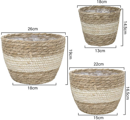 Set of 3 Handwoven Seagrass Plant Baskets - Decorative Flower Pots with Foil Liner
