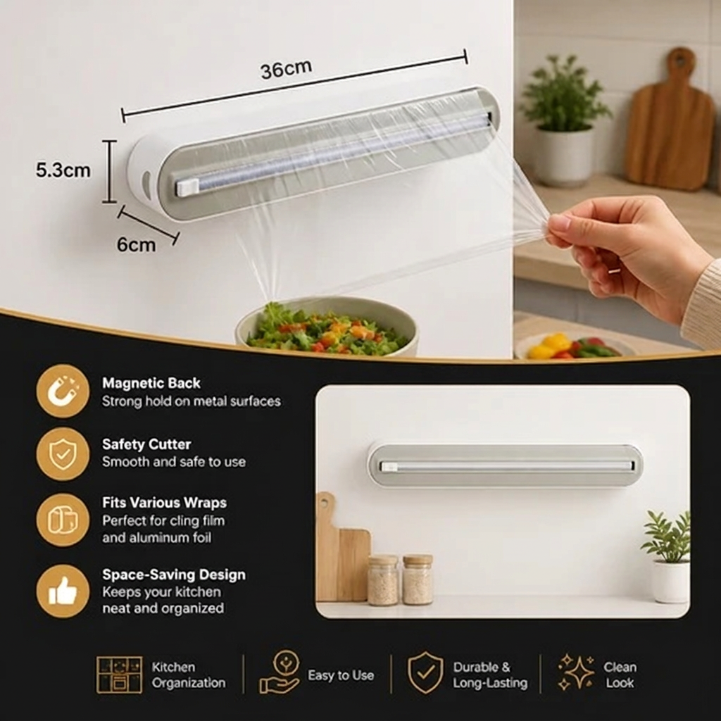 Magnetic Wall-Mounted Foil & Plastic Wrap Dispenser with Safety Cutter