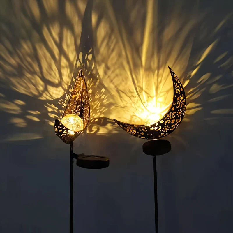 Waterproof Metal Solar Garden Light – LED Outdoor Lighting in Moon, Flame, Sun, or Star Shapes