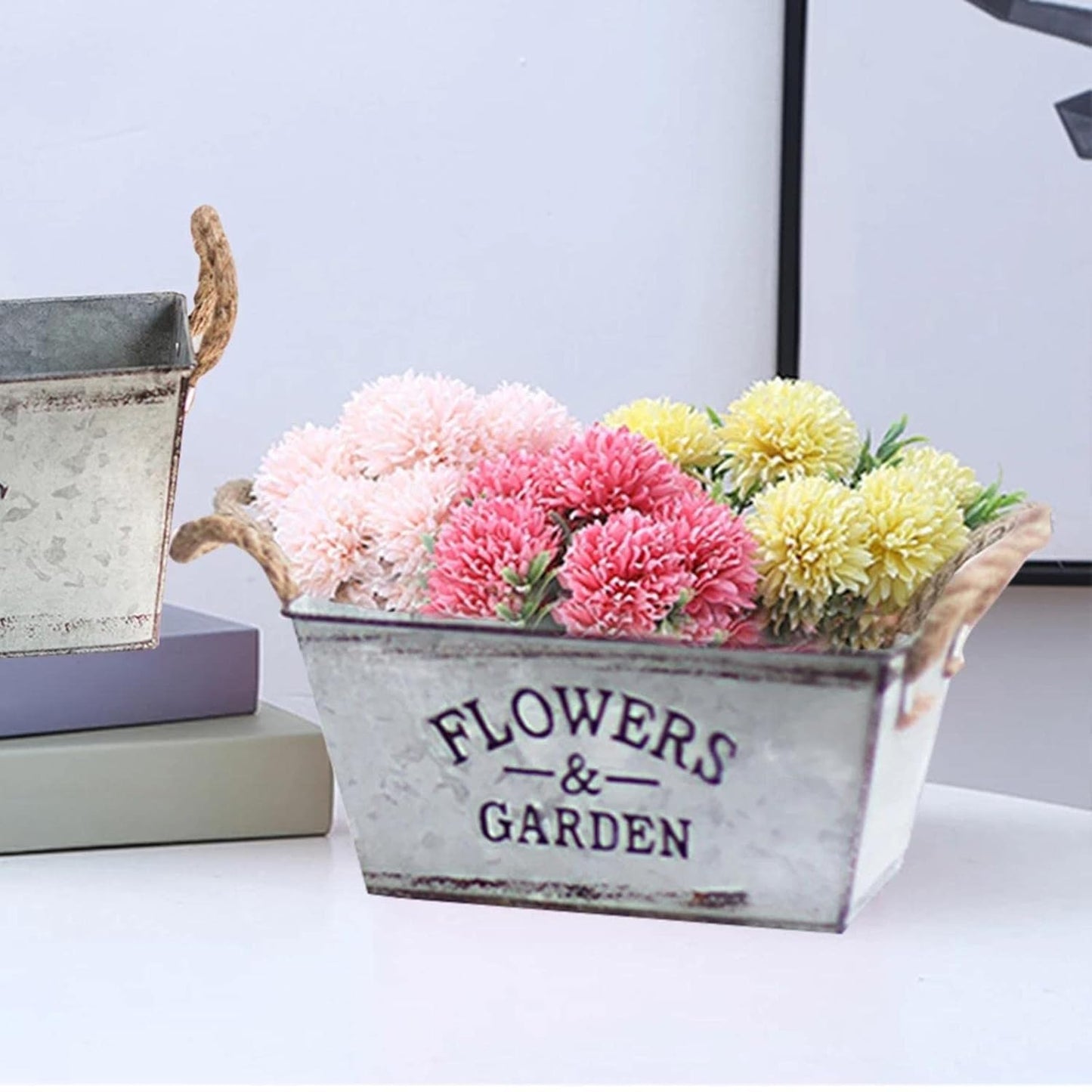 Metal Garden Planter with Hemp Rope Handles – Decorative Flower Pot for Outdoor Use