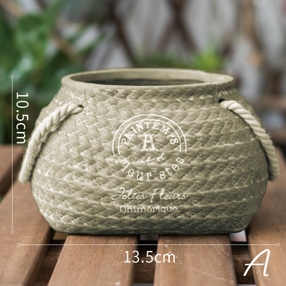 Ceramic Flower Pot with Woven Bag Look and Rope Handles – Decorative Planter for Home and Garden