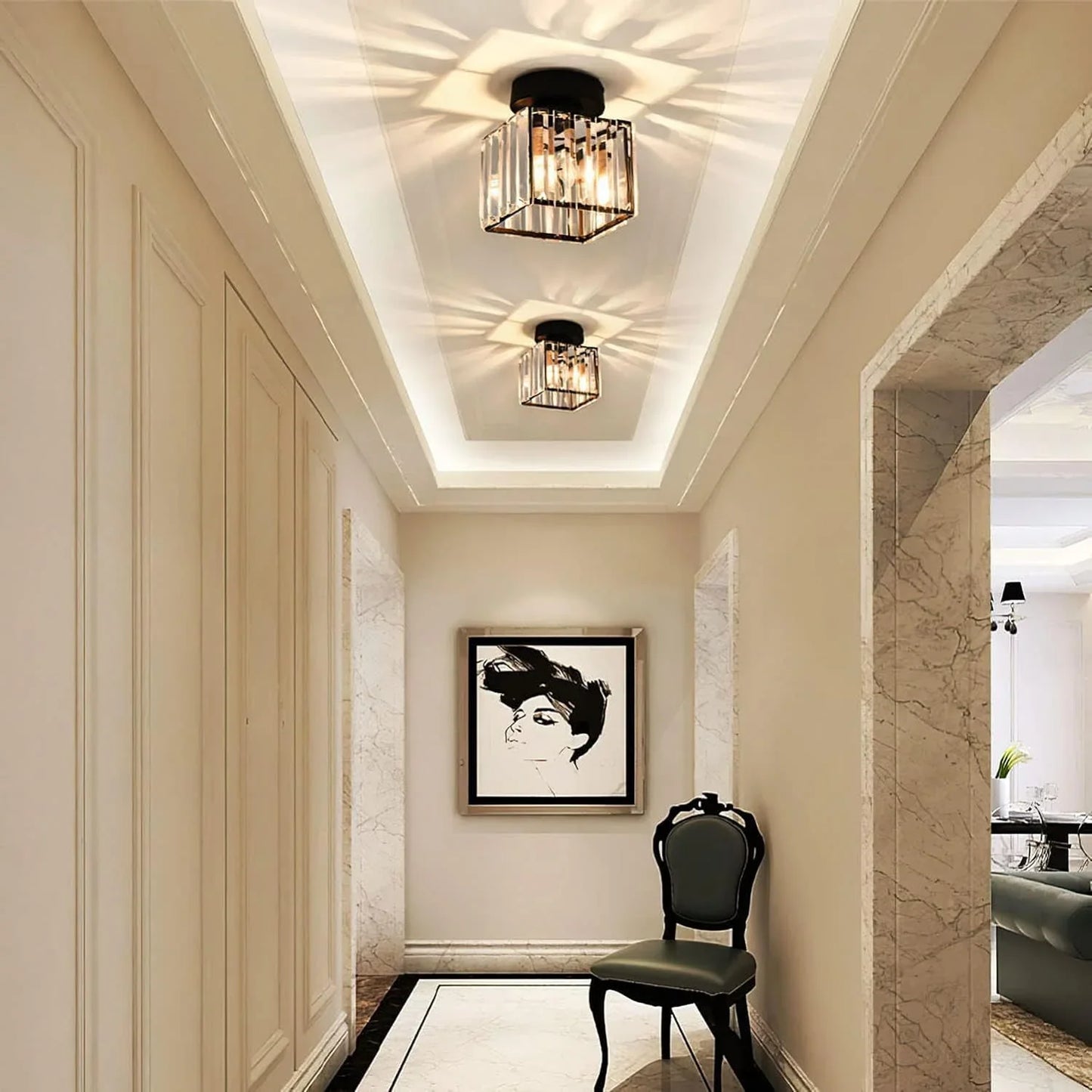Crystal Ceiling Light with Gold and Black Accents – Contemporary Home Lighting Fixture