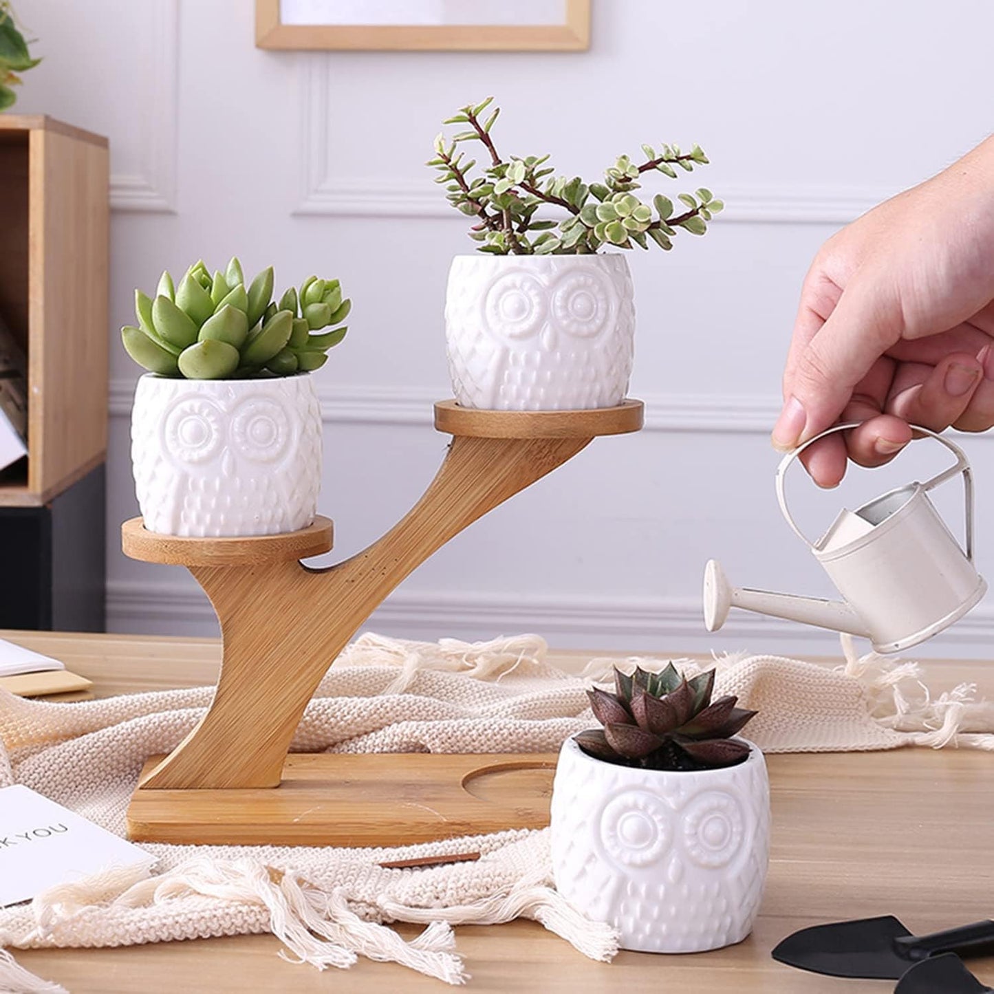 Wooden Plant Stand with Owl Design – Decorative Holder for Succulents and Houseplants