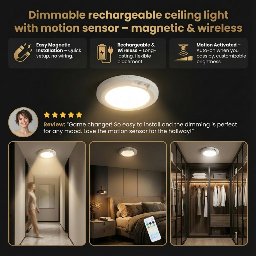 Dimmable rechargeable ceiling light with motion sensor – magnetic & wireless